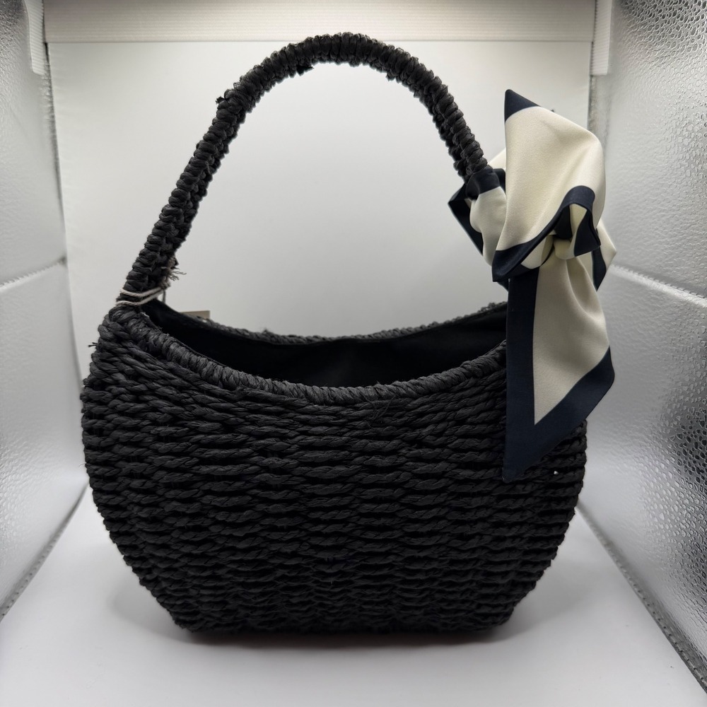 A New Day Black Woven Straw Handbag with Striped Scarf Bow NEW - Picture 3 of 7